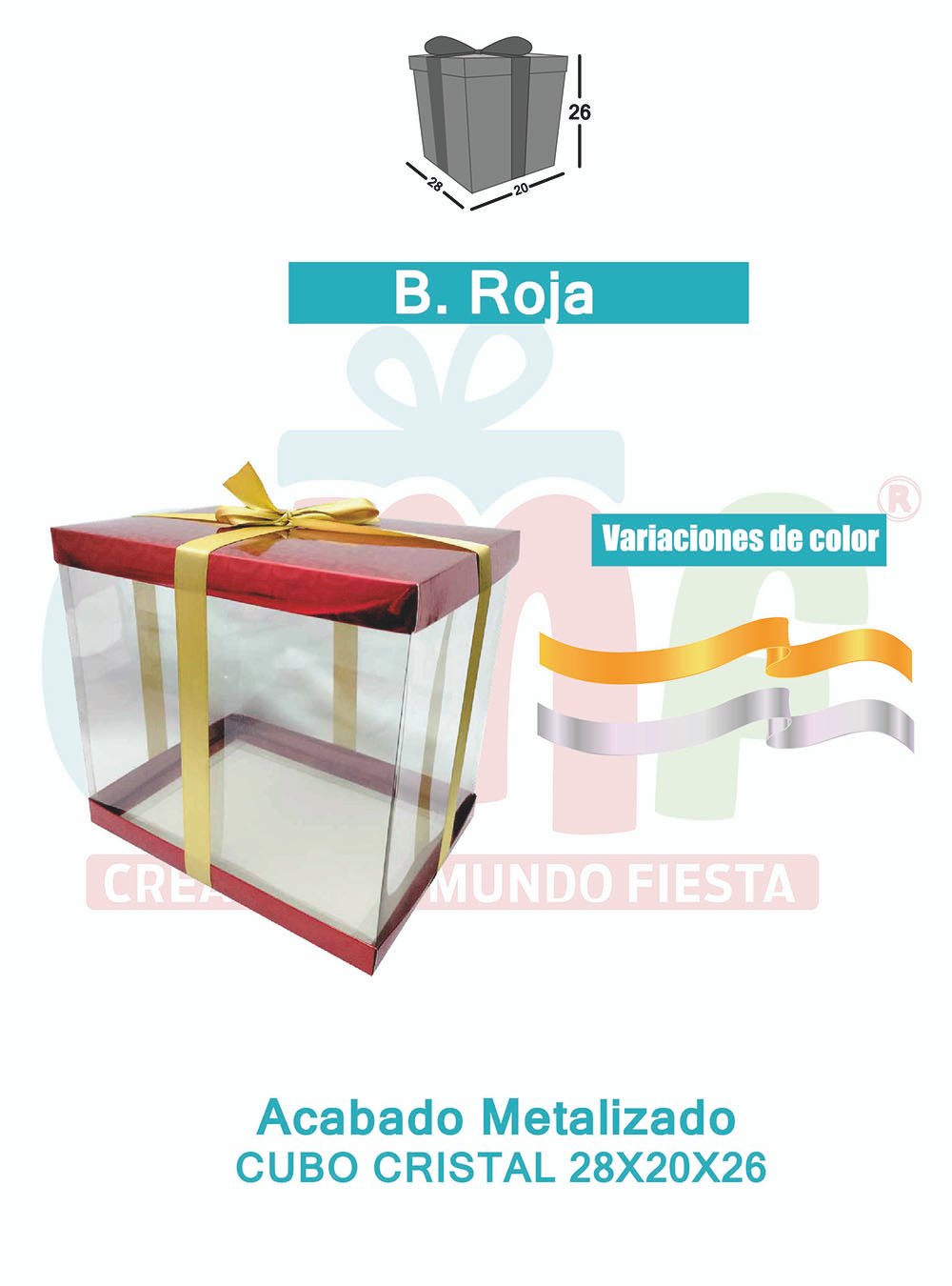 CAJA CUBO CRISTAL GRANDE 28X20X26 METALIZADAS  ROJO