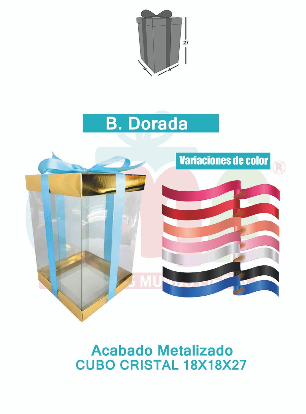 CAJA CUBO CRISTAL MEDIANA 18X18X27 METALIZADAS  DORADO