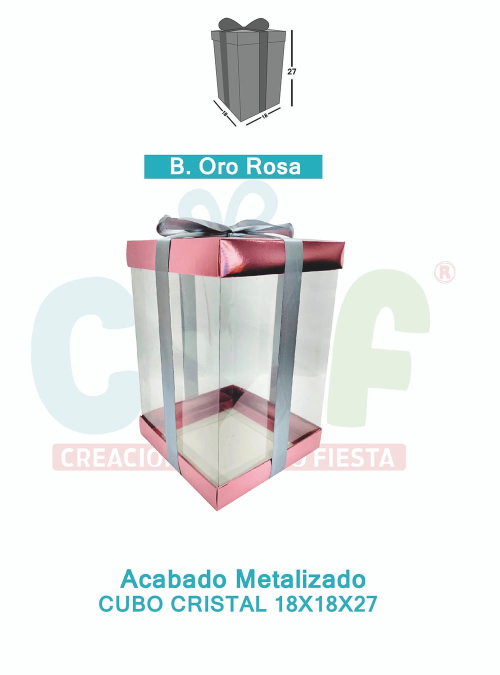 CAJA CUBO CRISTAL MEDIANA 18X18X27 METALIZADAS  ORO ROSA