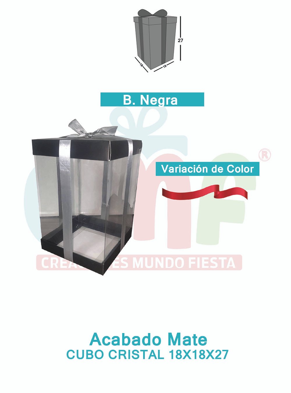 CAJA CUBO CRISTAL MEDIANA 18X18X27 METALIZADAS  NEGRO