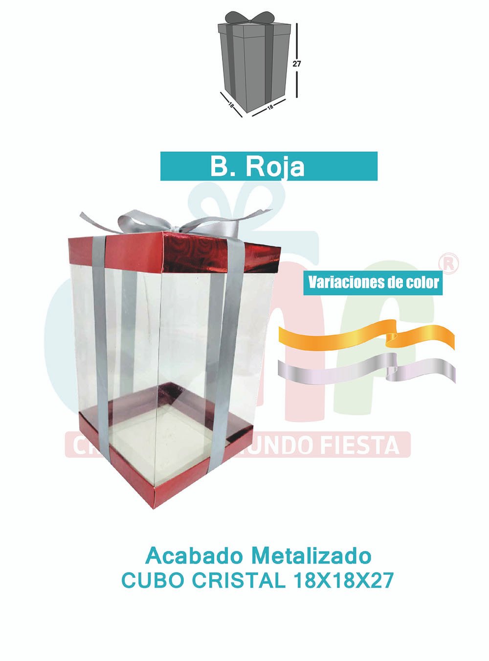 CAJA CUBO CRISTAL MEDIANA 18X18X27 METALIZADAS  ROJO