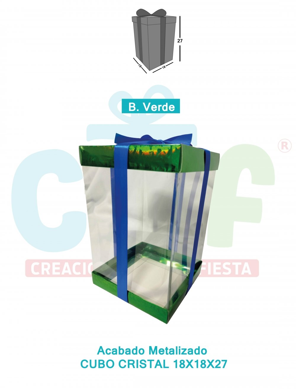 CAJA CUBO CRISTAL MEDIANA 18X18X27 METALIZADAS  VERDE